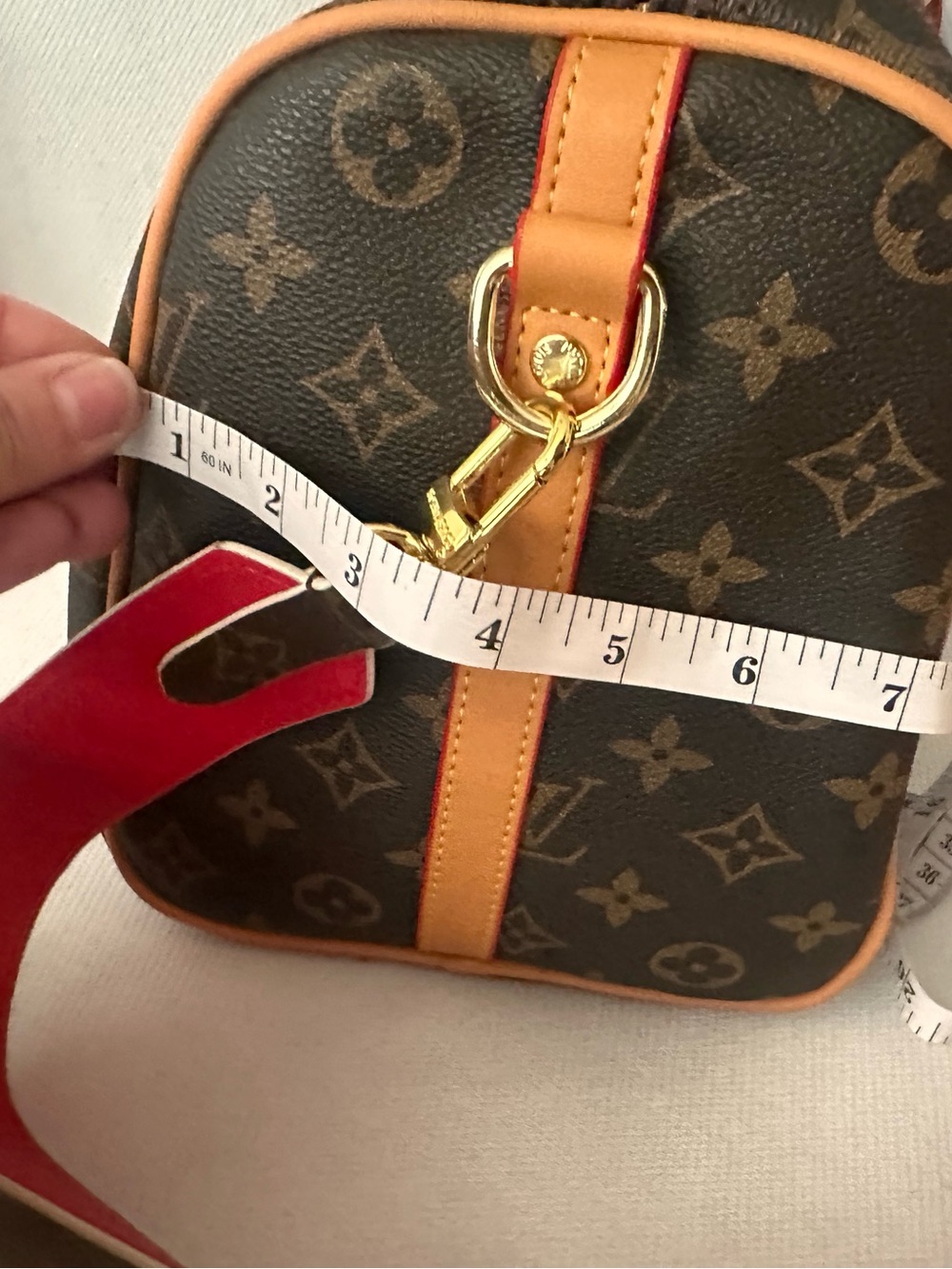 Fashion Bag- Brown Monogram Satchel with Black Pom Pom Charm - Picture 7 of 7